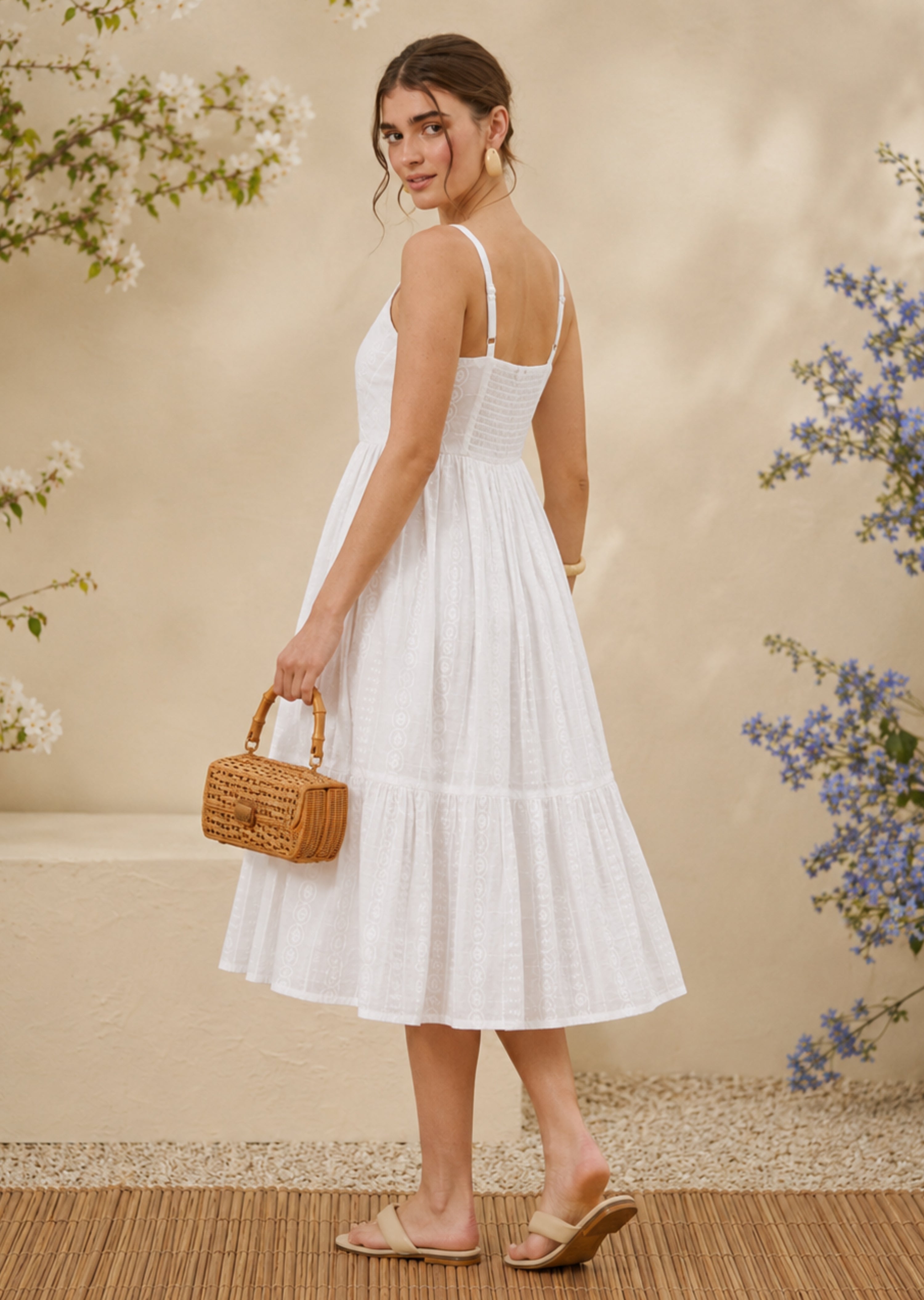 White Spaghetti Tiered Midi Dress