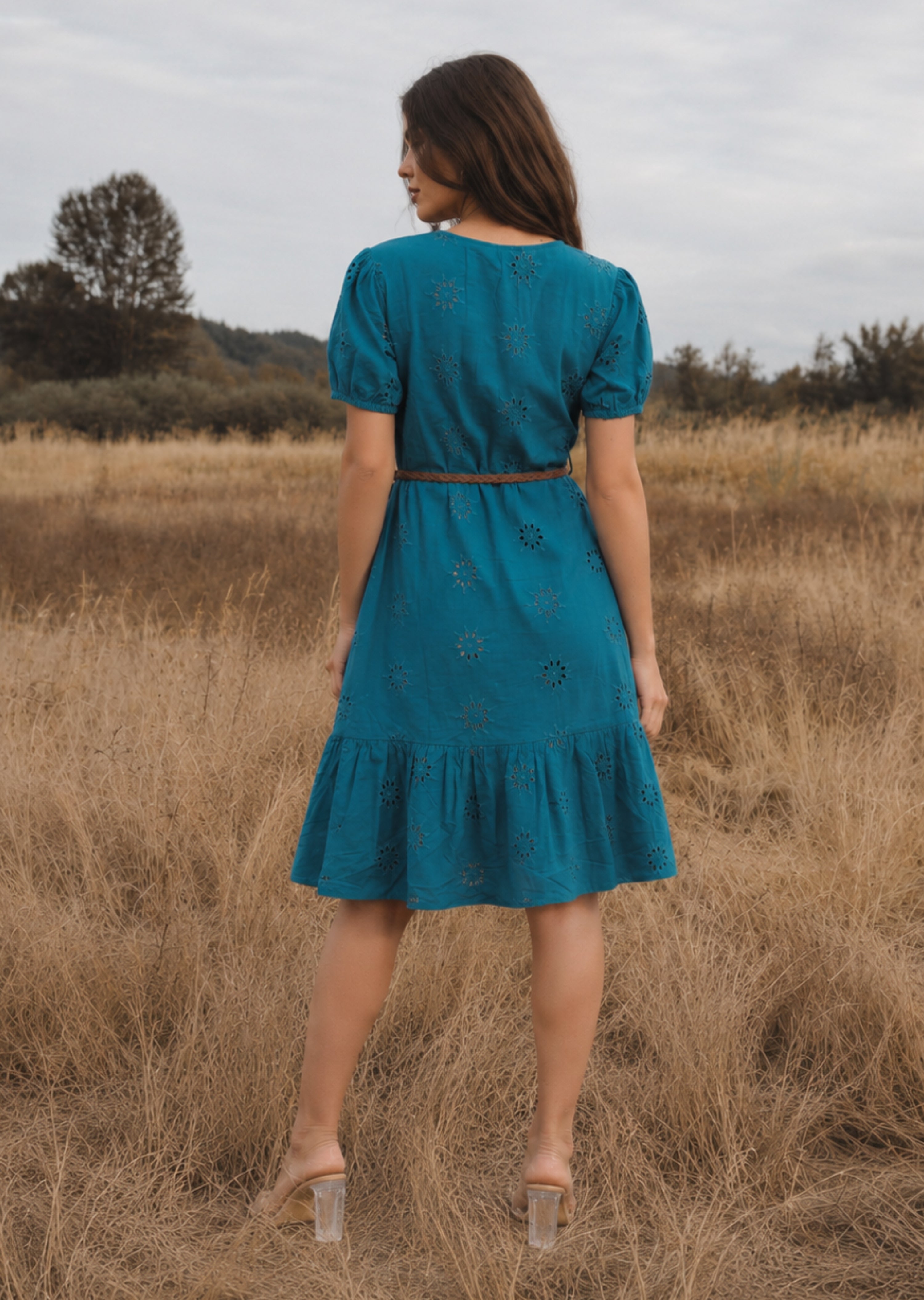 Teal Schiffli Button Midi Dress (Belt included)