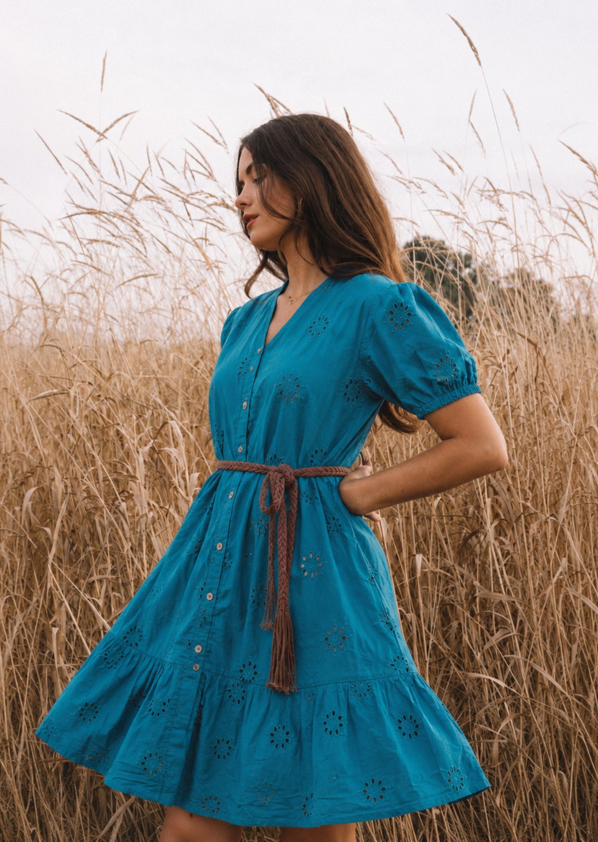 Teal Schiffli Button Midi Dress (Belt included)