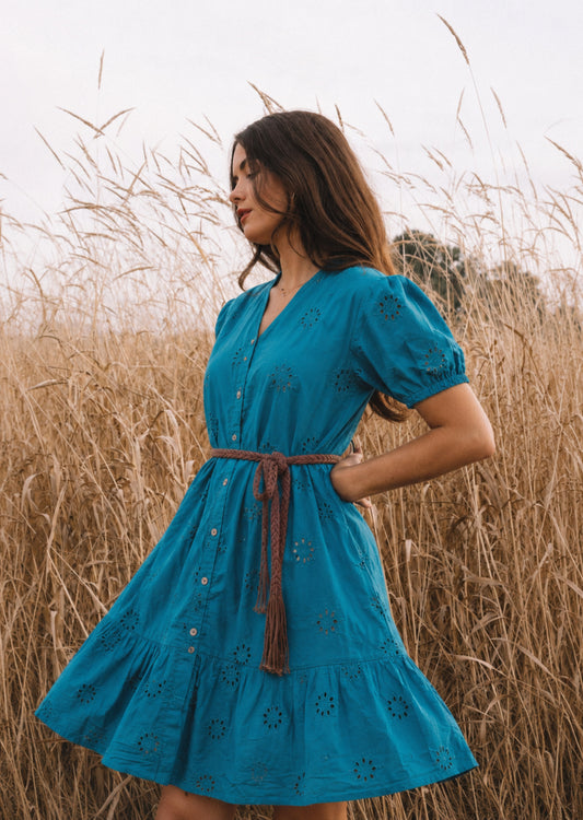 Teal Schiffli Button Midi Dress (Belt included)