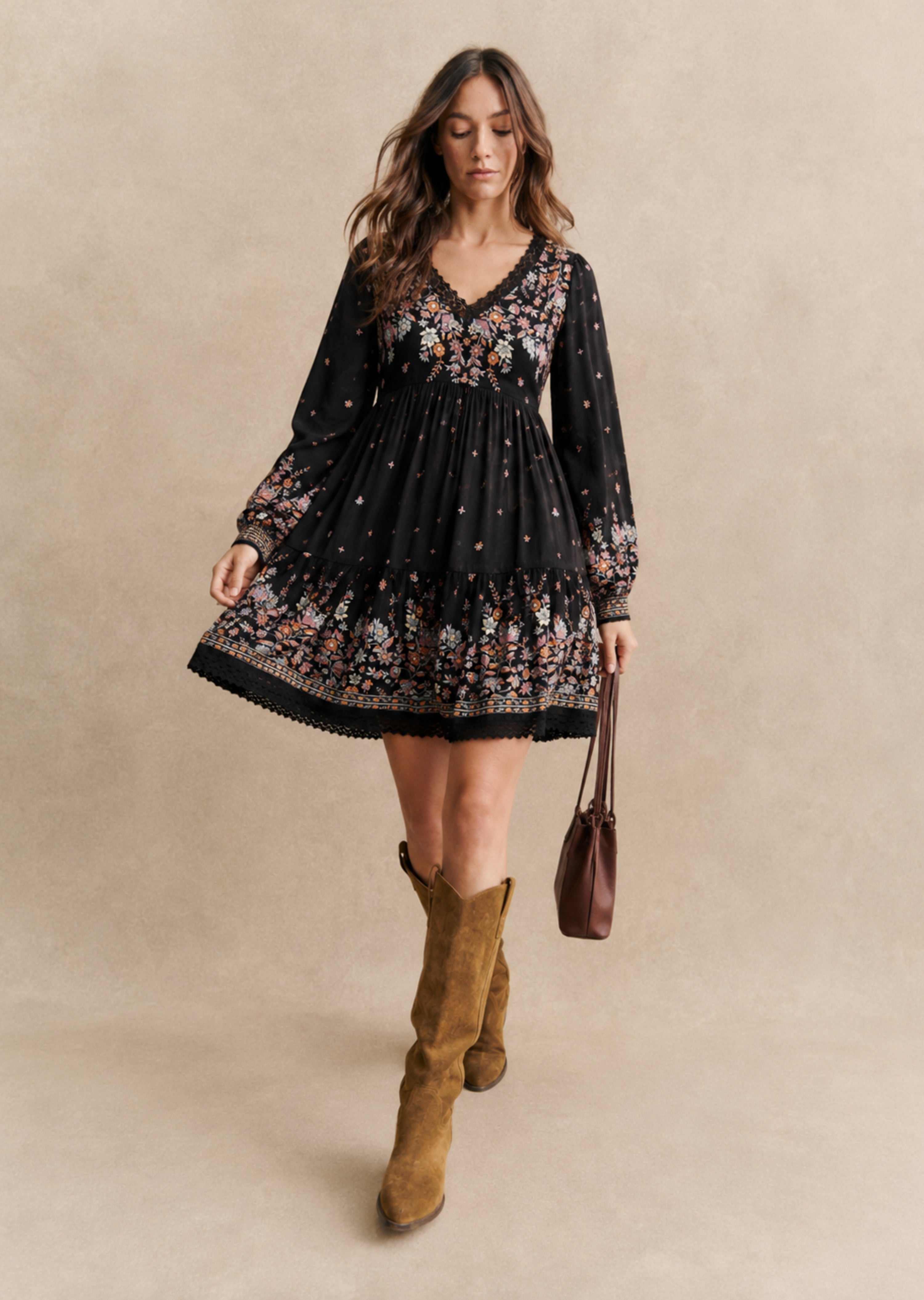 Black Floral Printed Short Dress