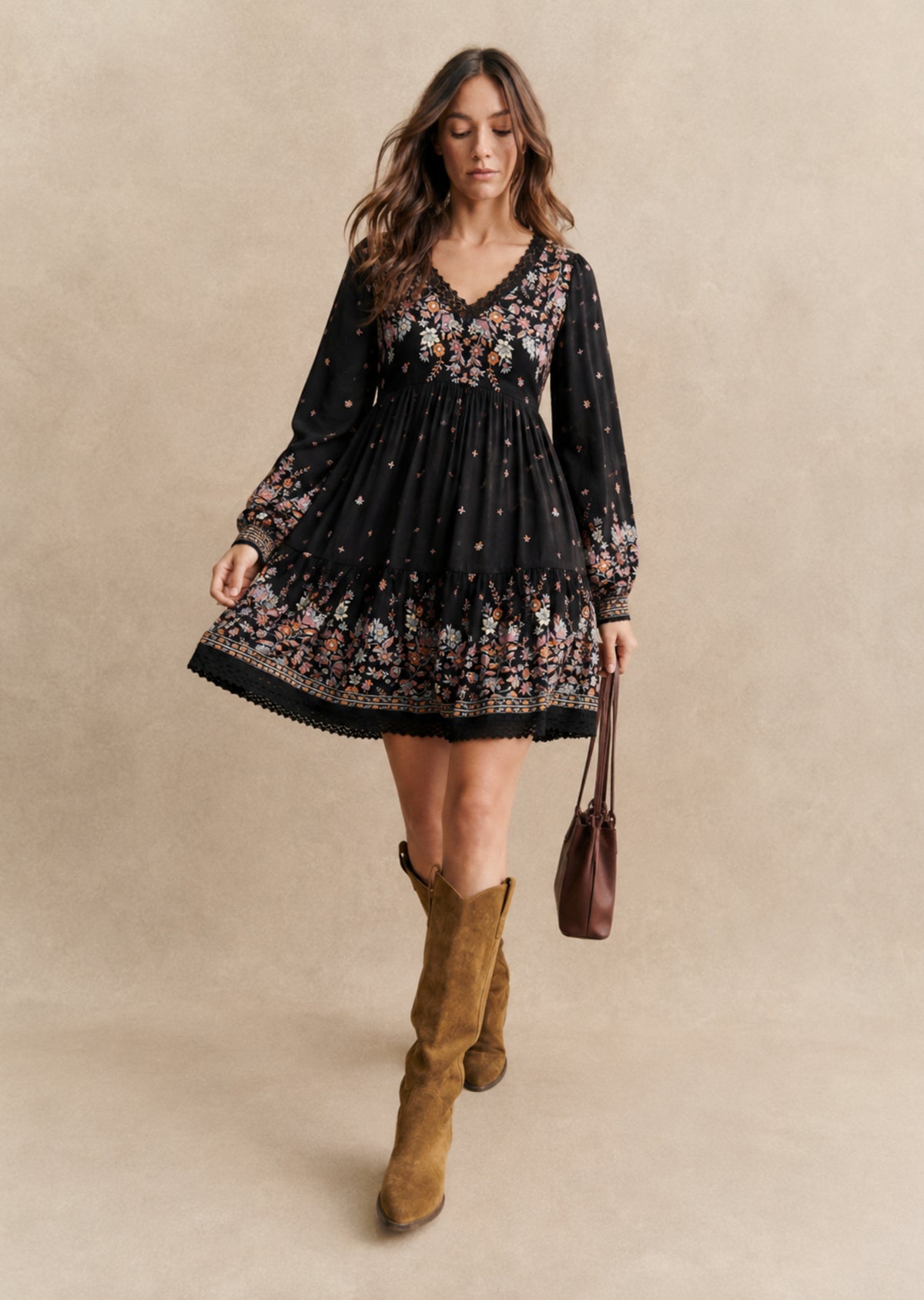 Black Floral Printed Short Dress