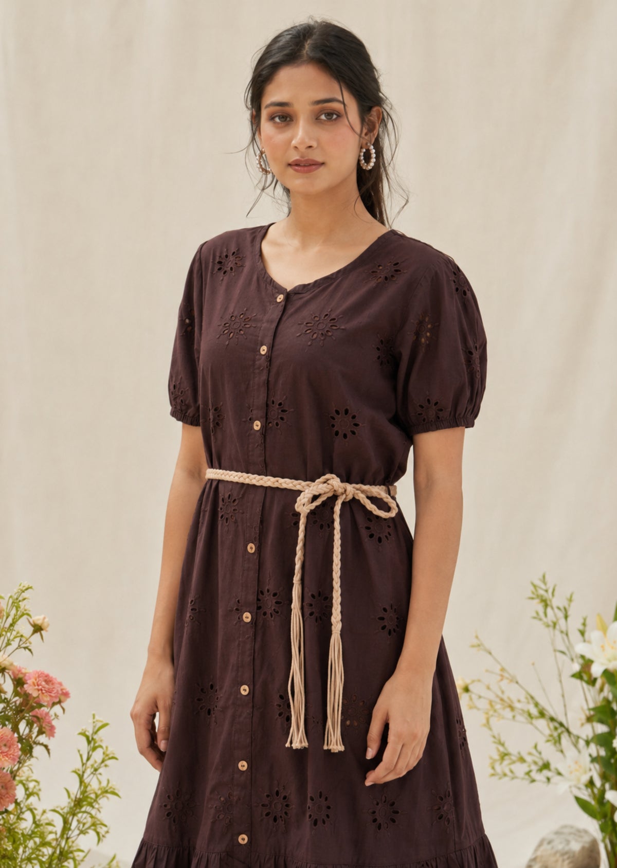 Brown Eyelet Cotton Dress