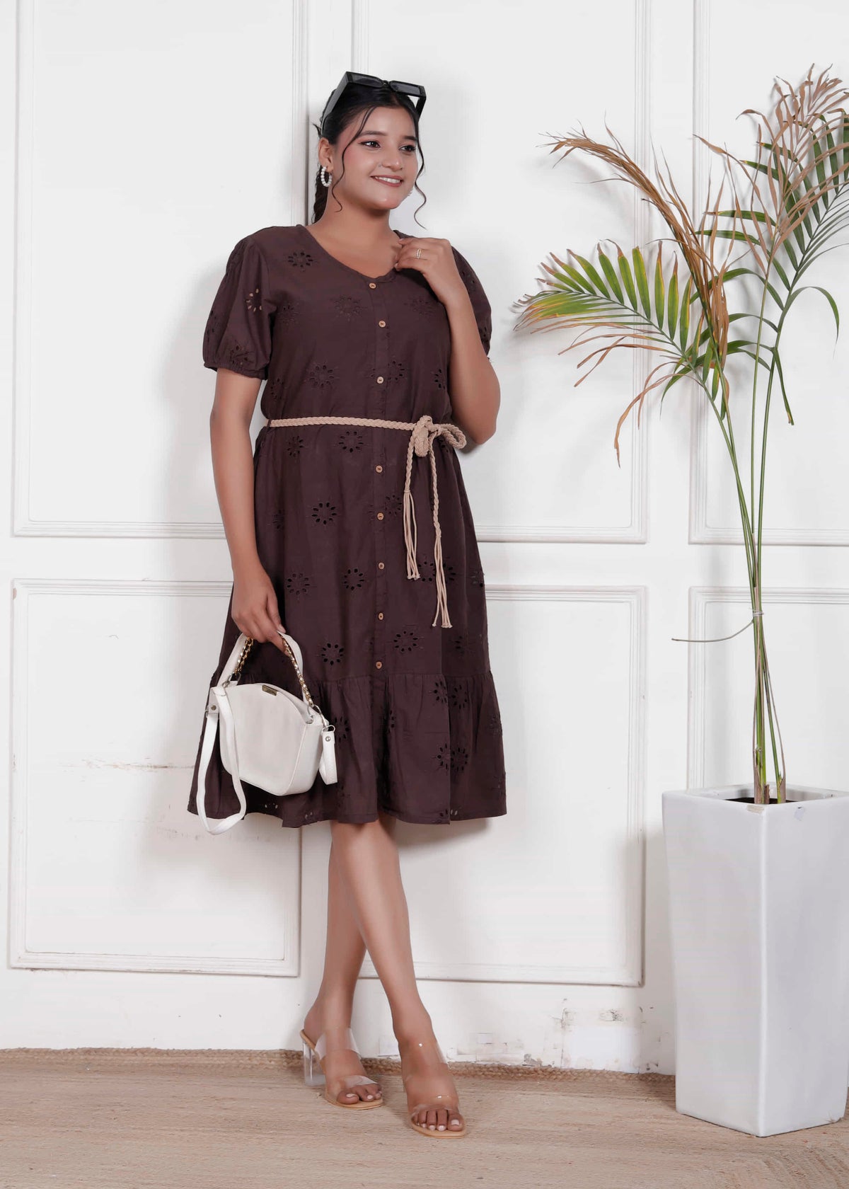 Brown Eyelet Cotton Dress