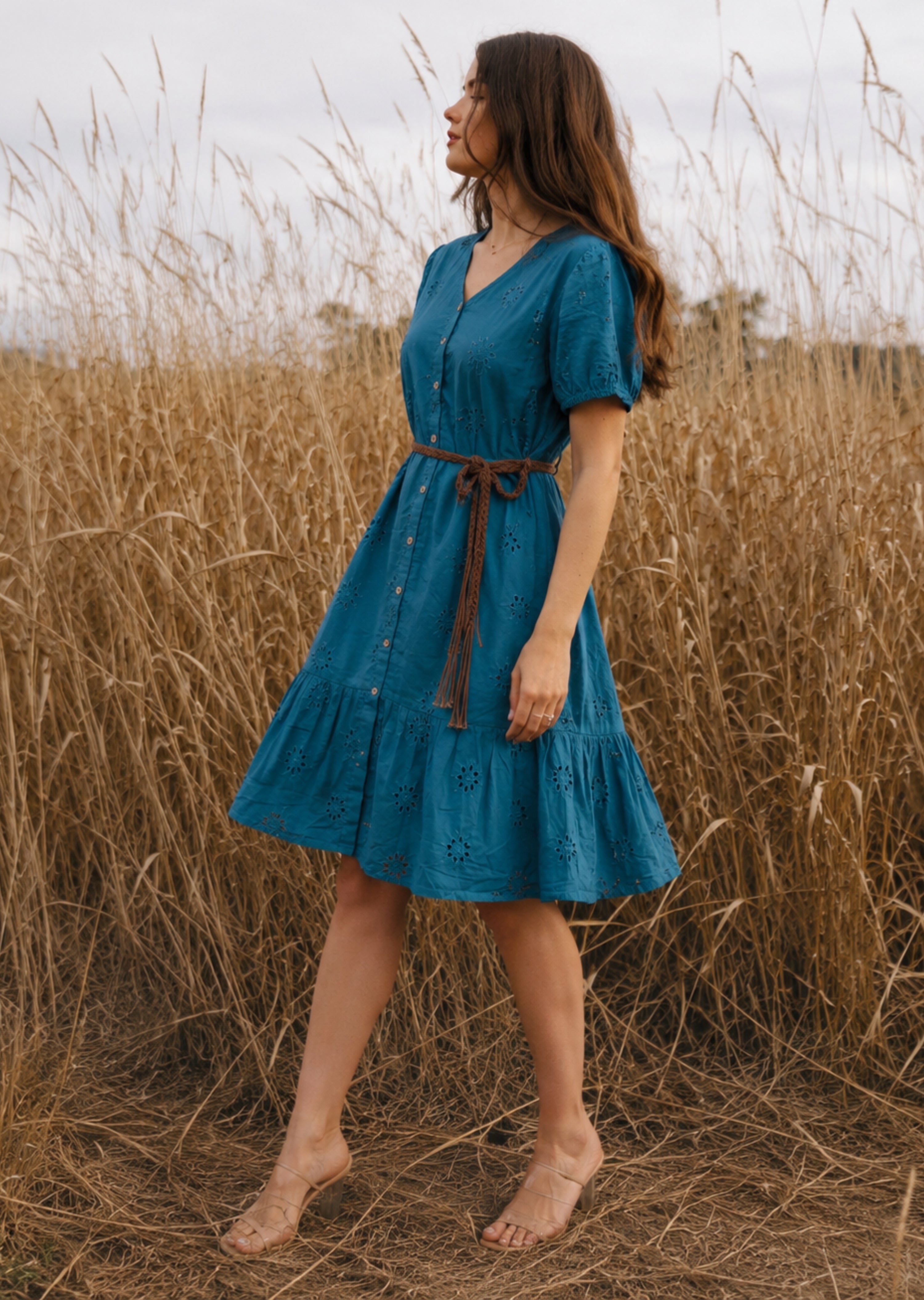 Teal Schiffli Button Midi Dress (Belt included)