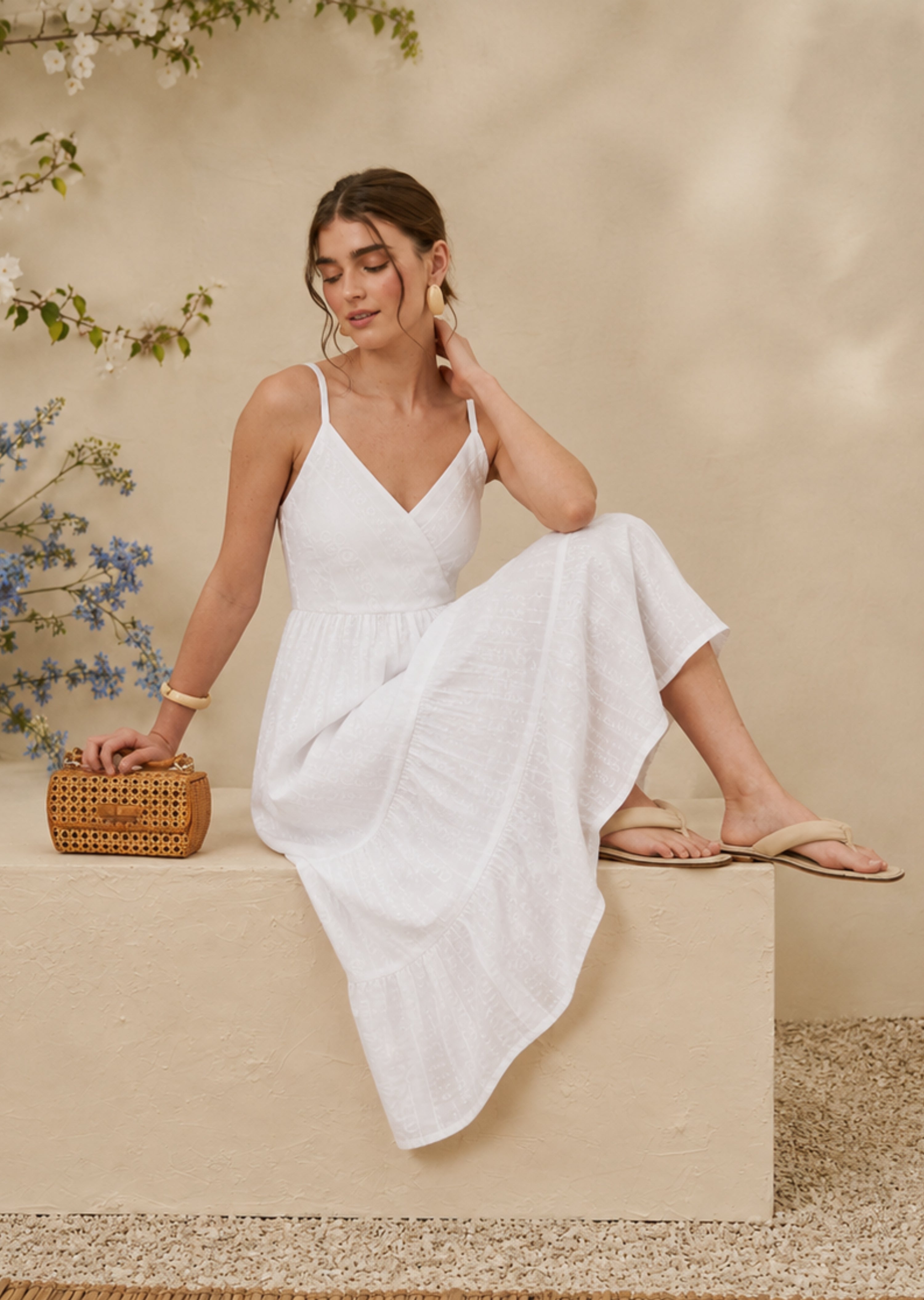 White Spaghetti Tiered Midi Dress