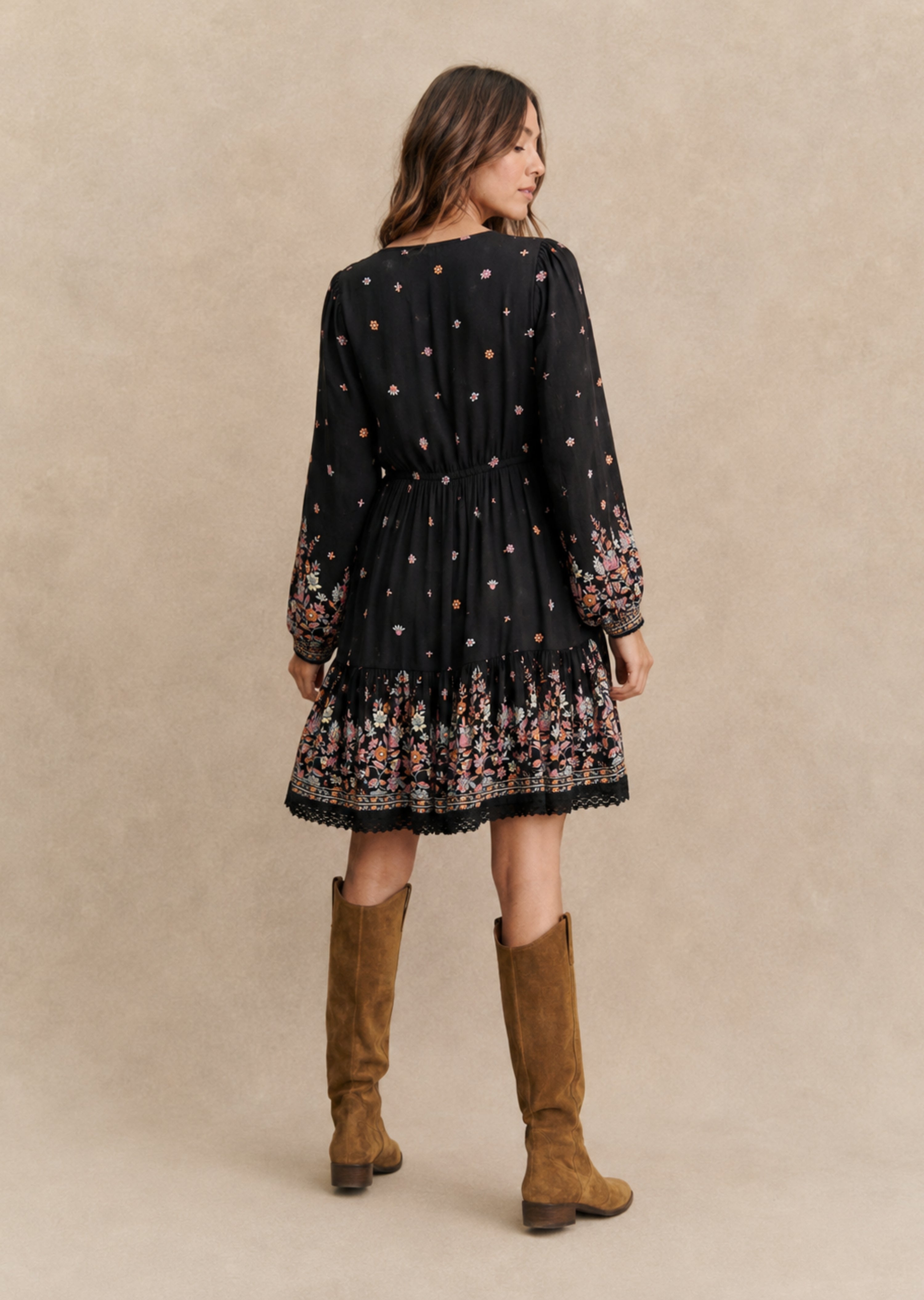 Black Floral Printed Short Dress