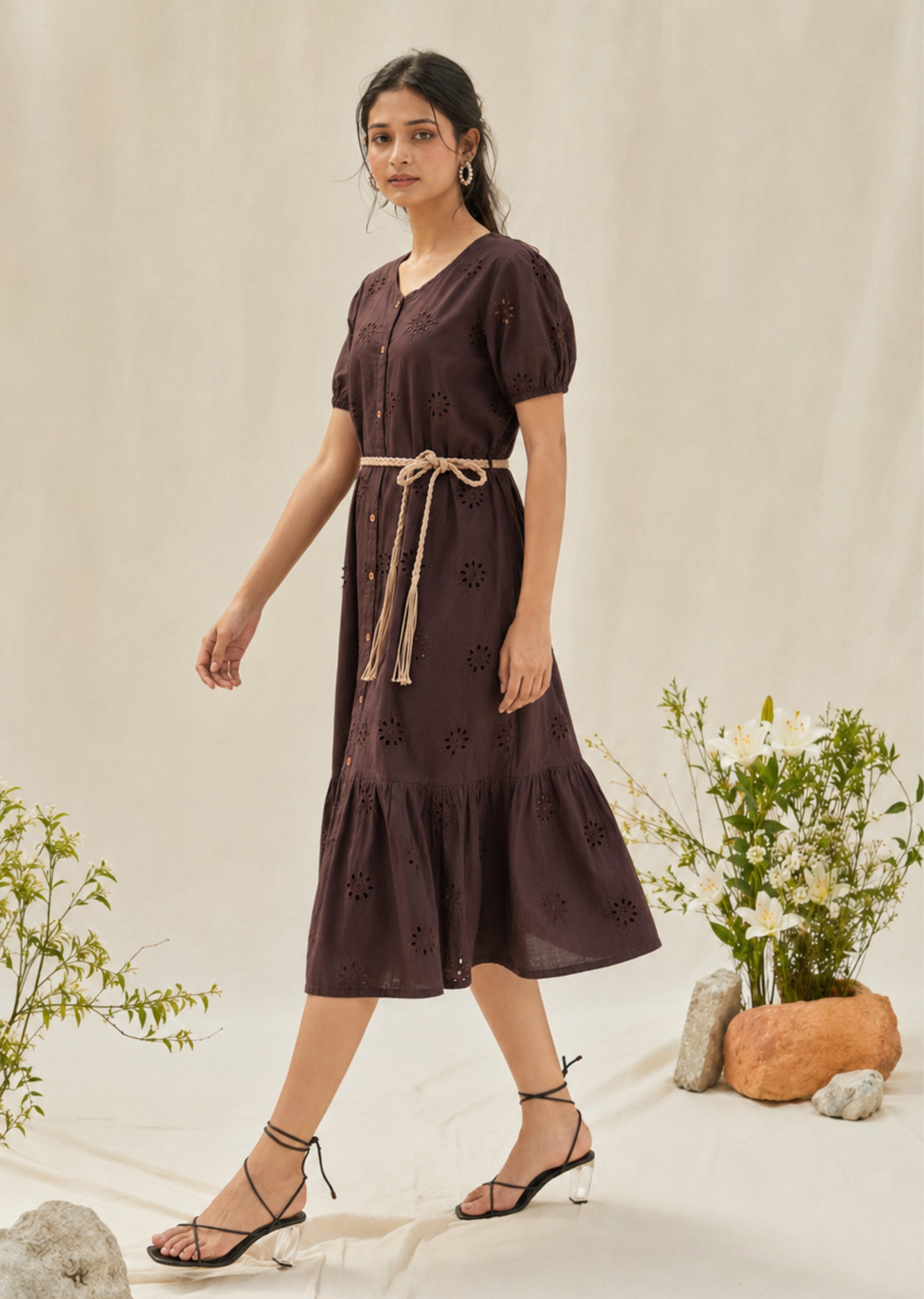 Brown Eyelet Cotton Dress