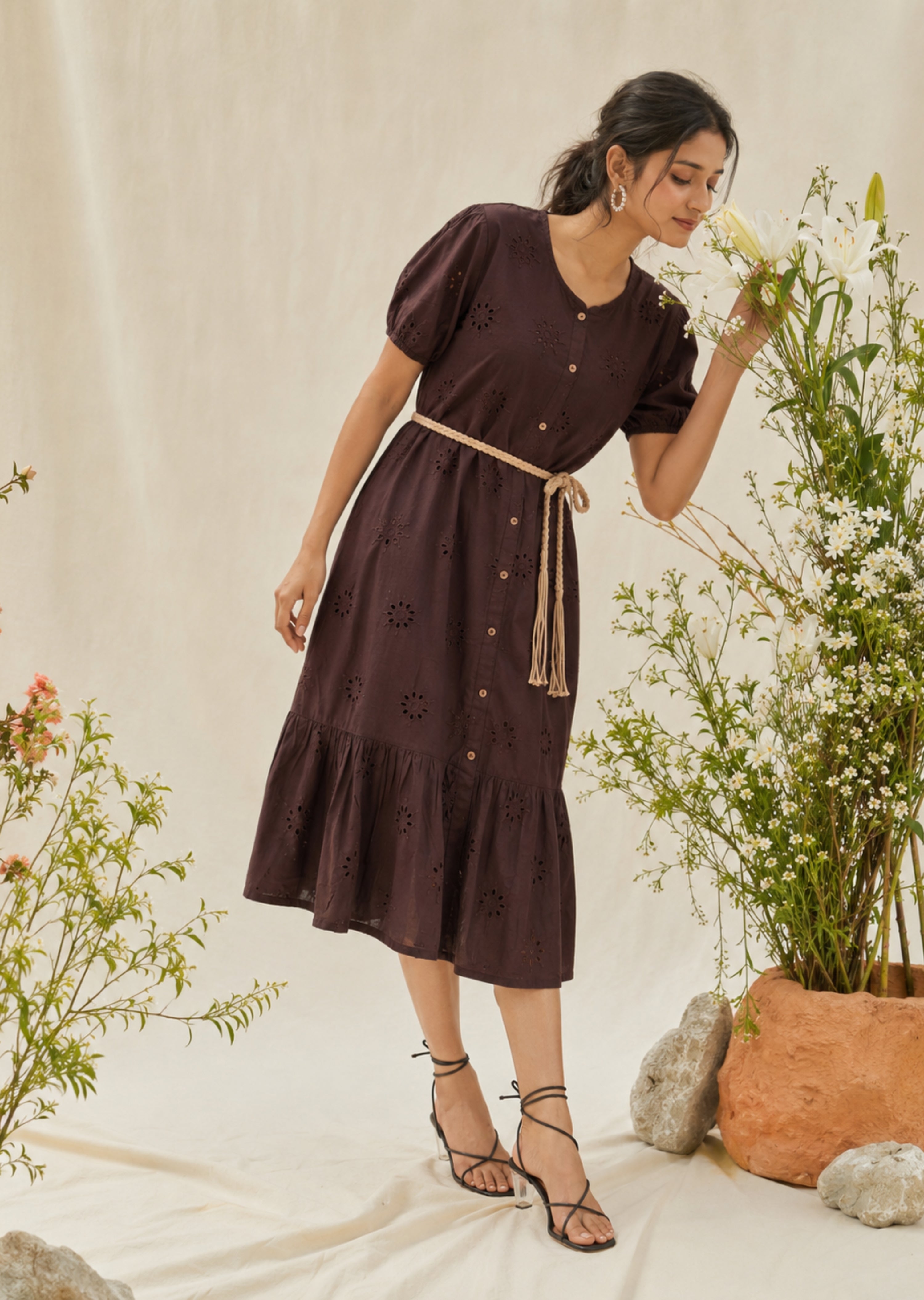 Brown Eyelet Cotton Dress