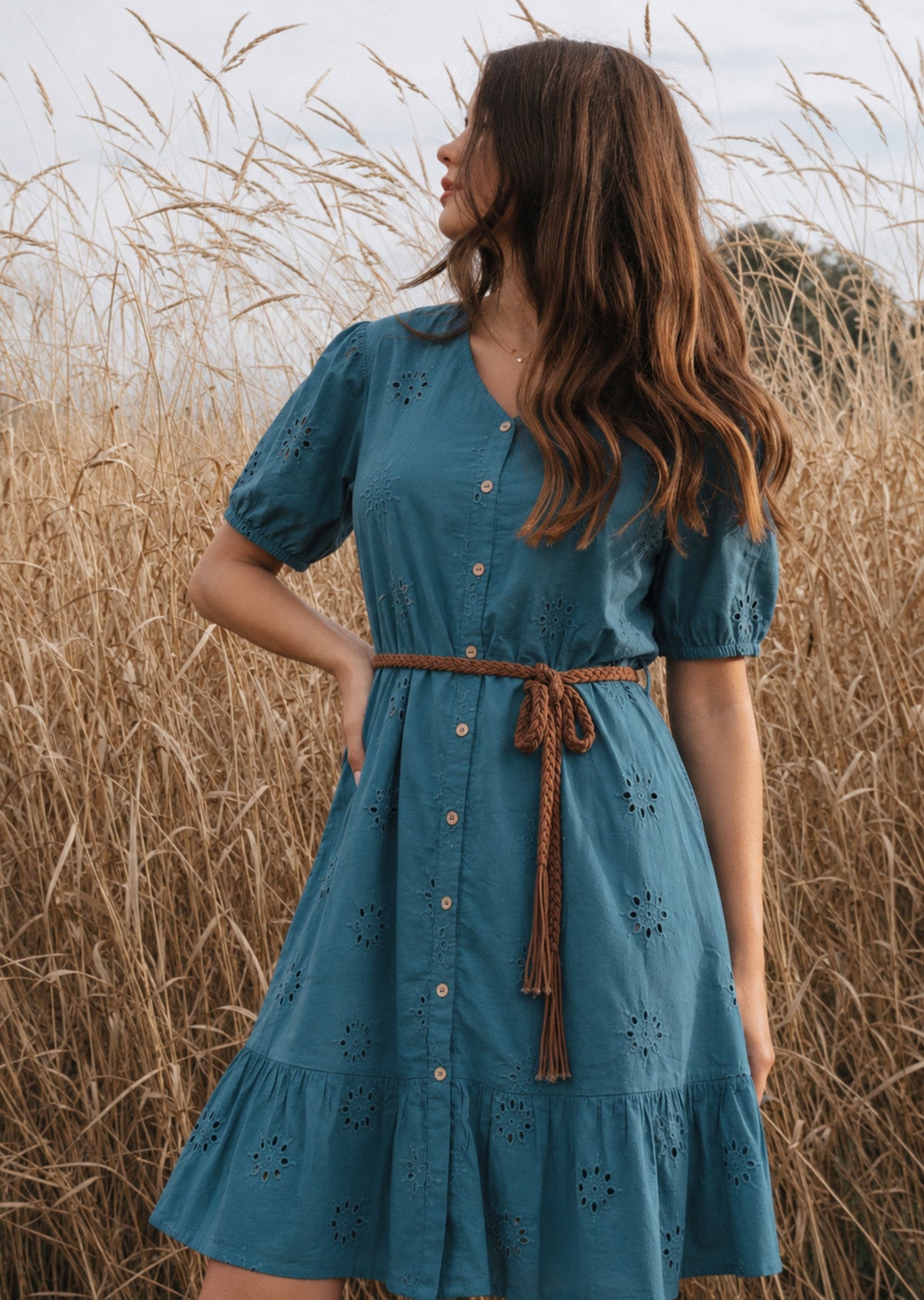 Teal Schiffli Button Midi Dress (Belt included)