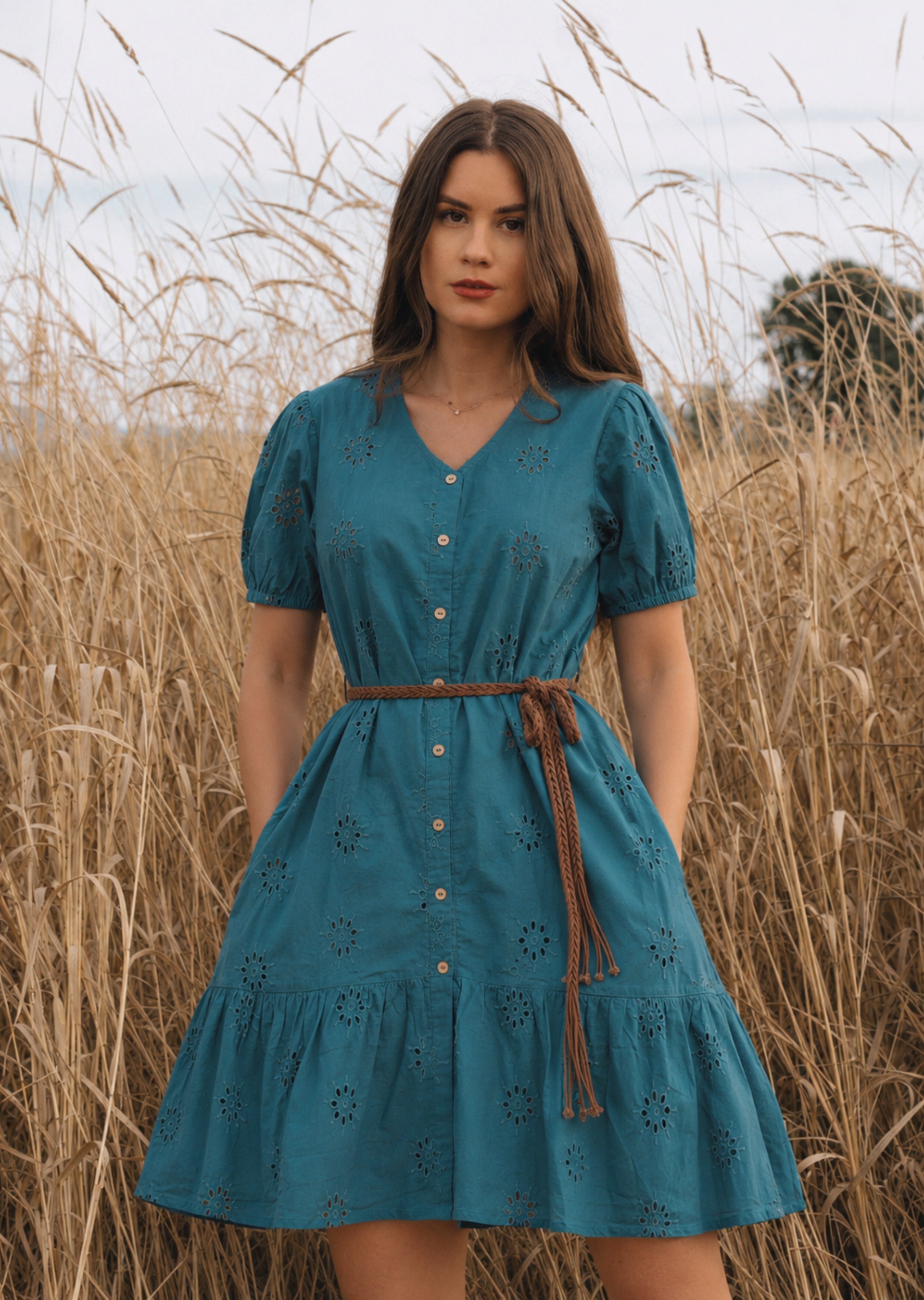 Teal Schiffli Button Midi Dress (Belt included)