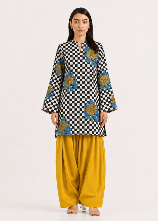 Floral Gingham Charcoal Black Pure Cotton Farshi Salwar Co-Ord Set