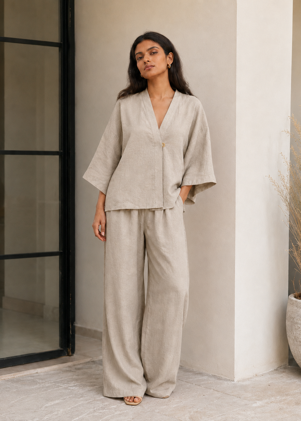 Beige Linen Angrakha Co-ord Set