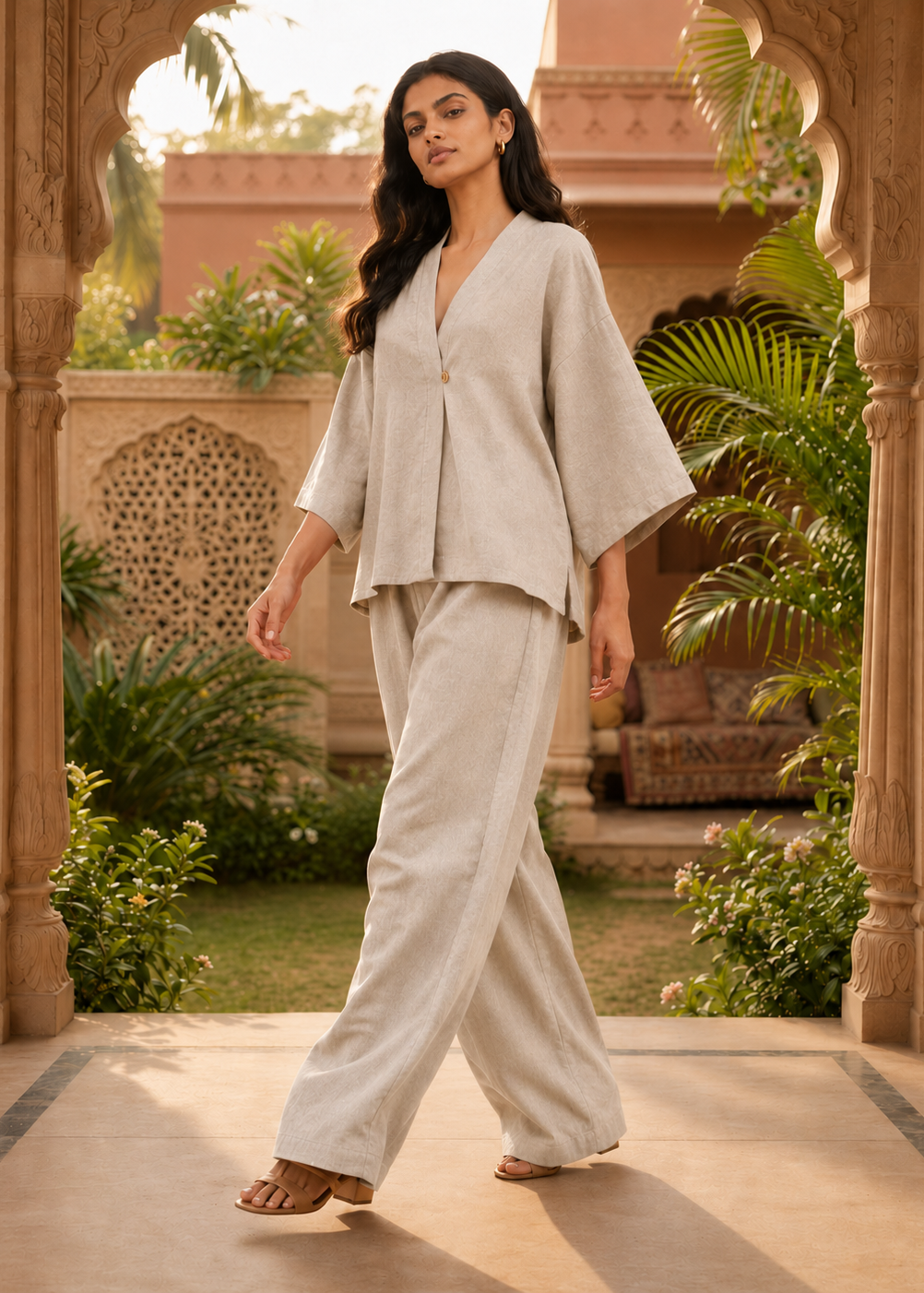 Beige Linen Angrakha Co-ord Set