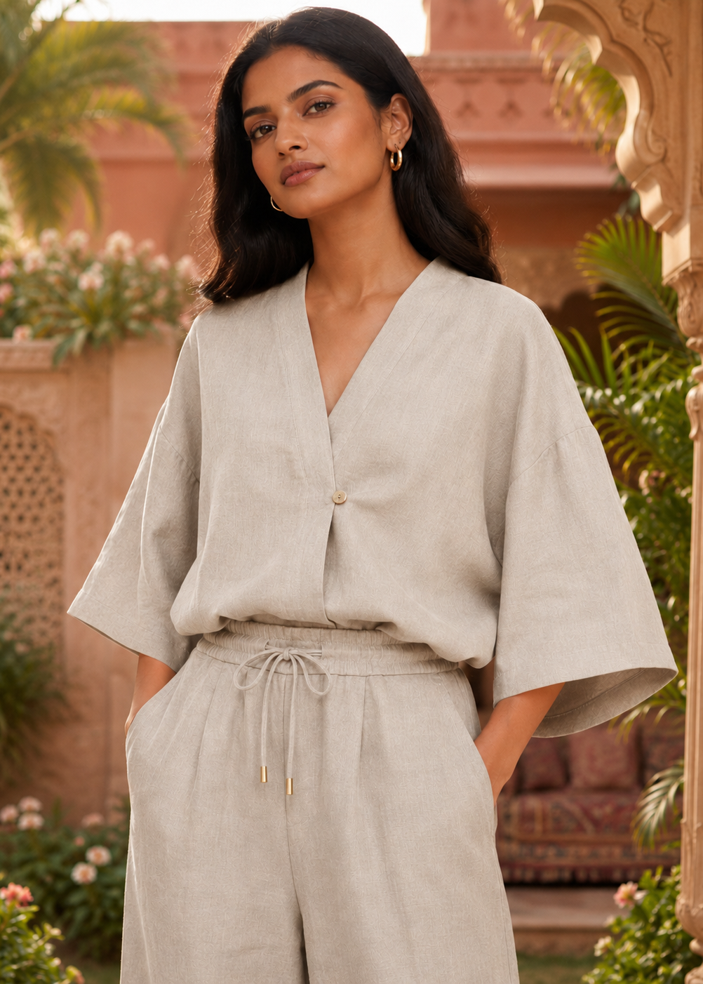 Beige Linen Angrakha Co-ord Set