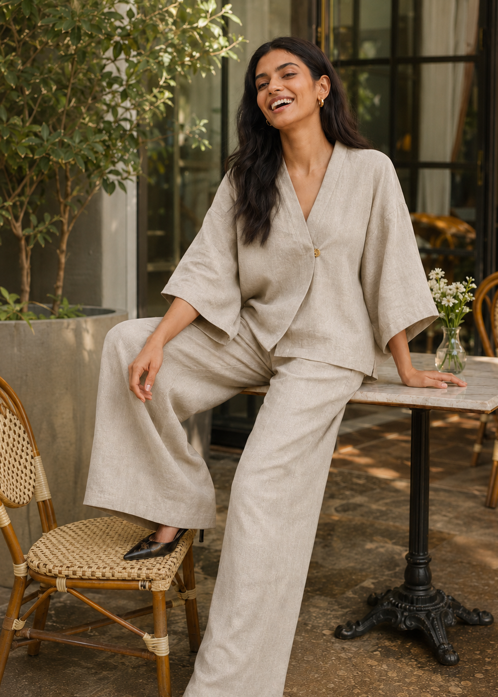 Beige Linen Angrakha Co-ord Set