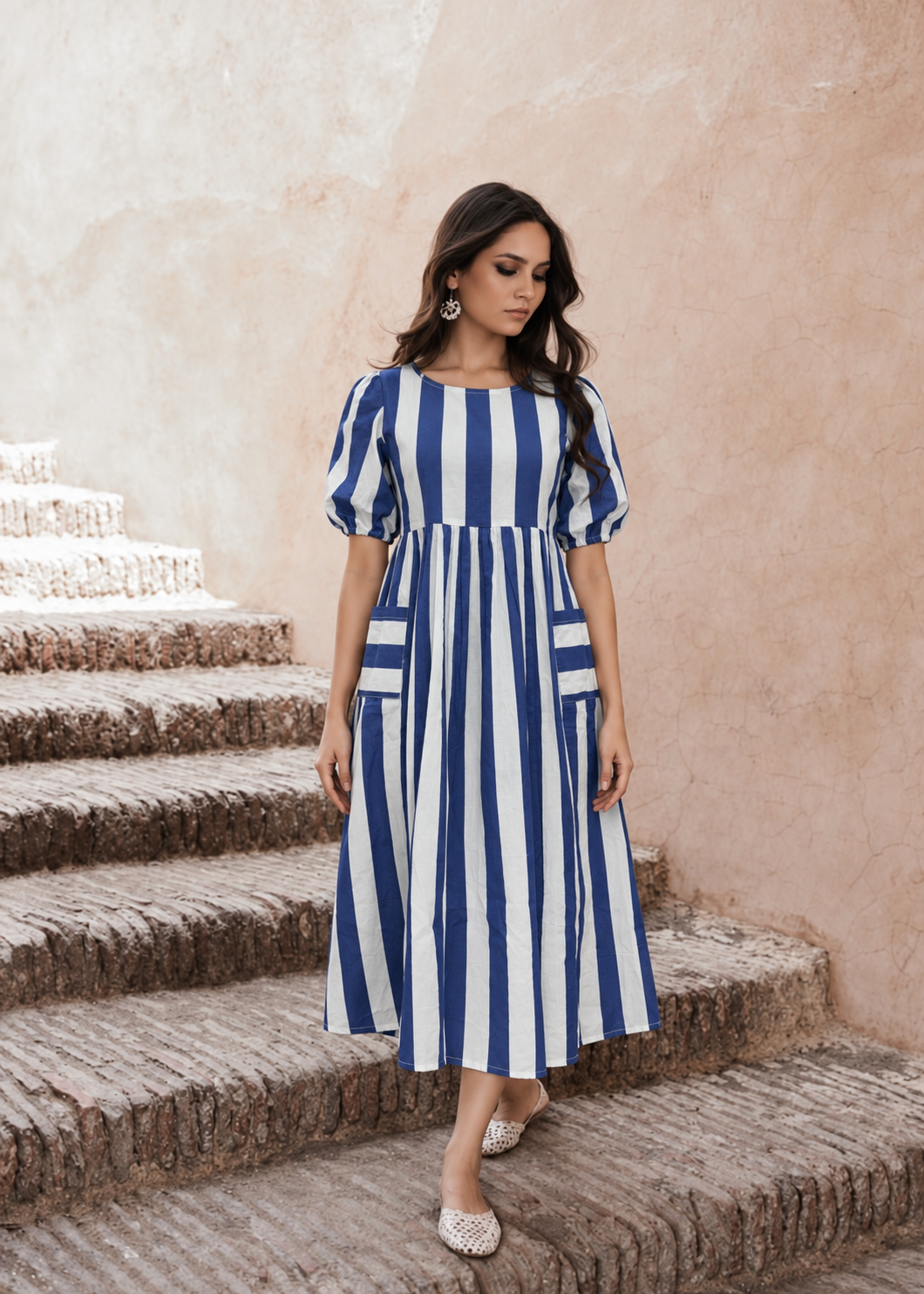 Azure Striped Cotton Midi Dress