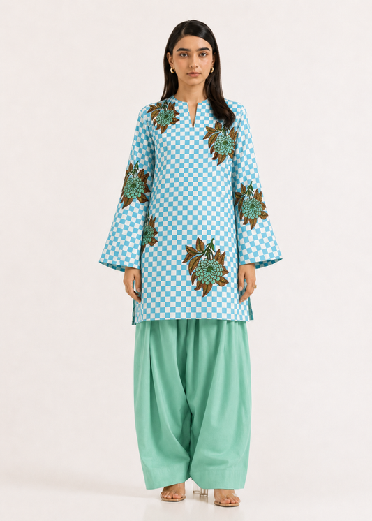 Floral Gingham Powder Blue Pure Cotton Farshi Salwar Co-Ord Set