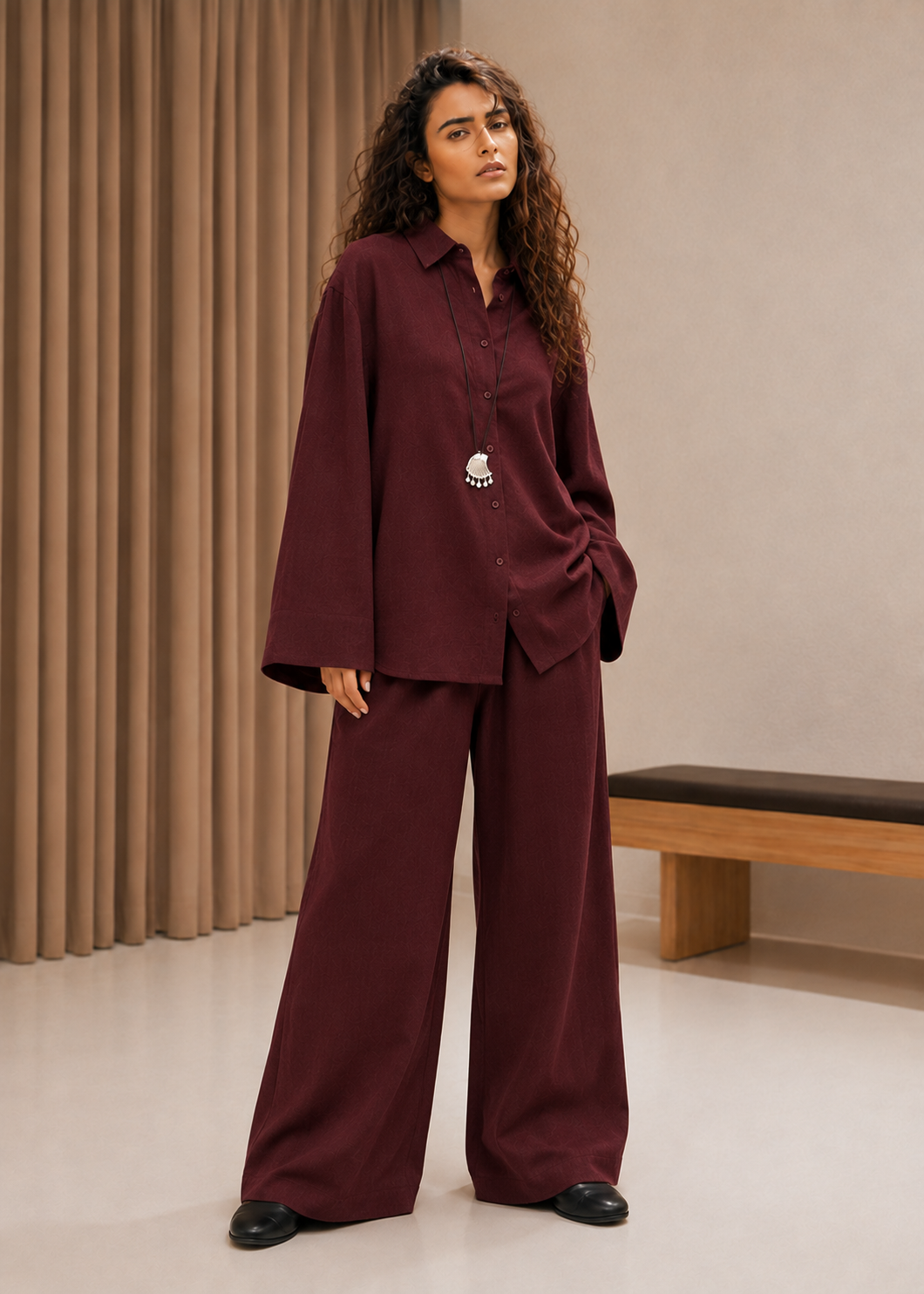 Burgundy Linen-Blend Co-ord Set
