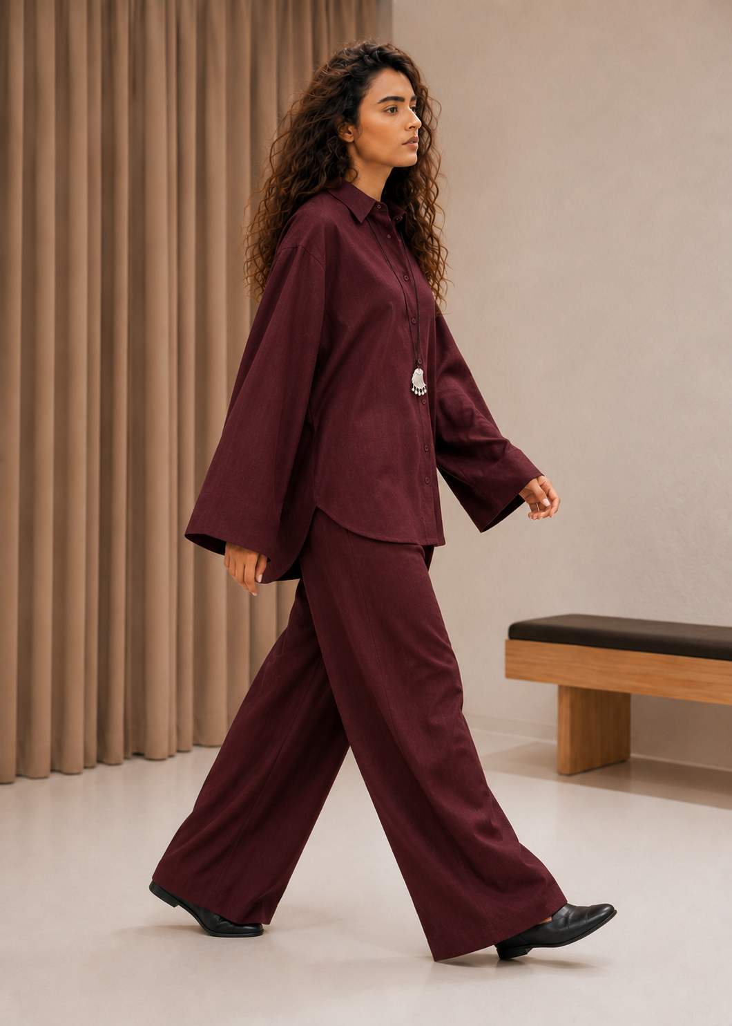 Burgundy Linen-Blend Co-ord Set