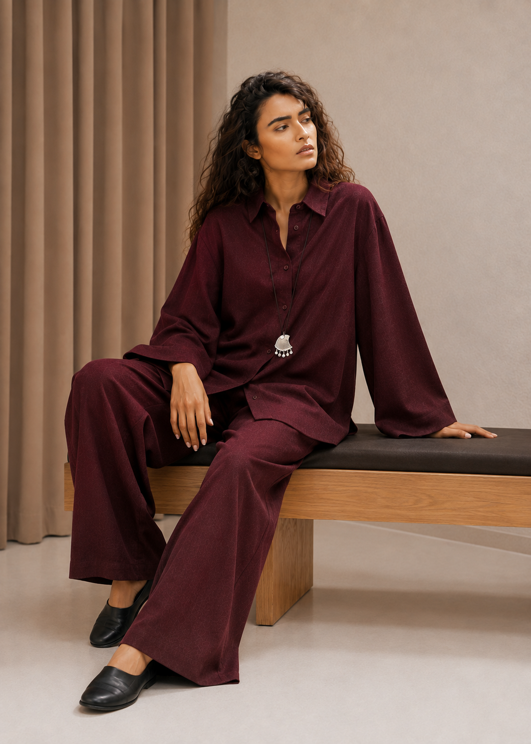 Burgundy Linen-Blend Co-ord Set