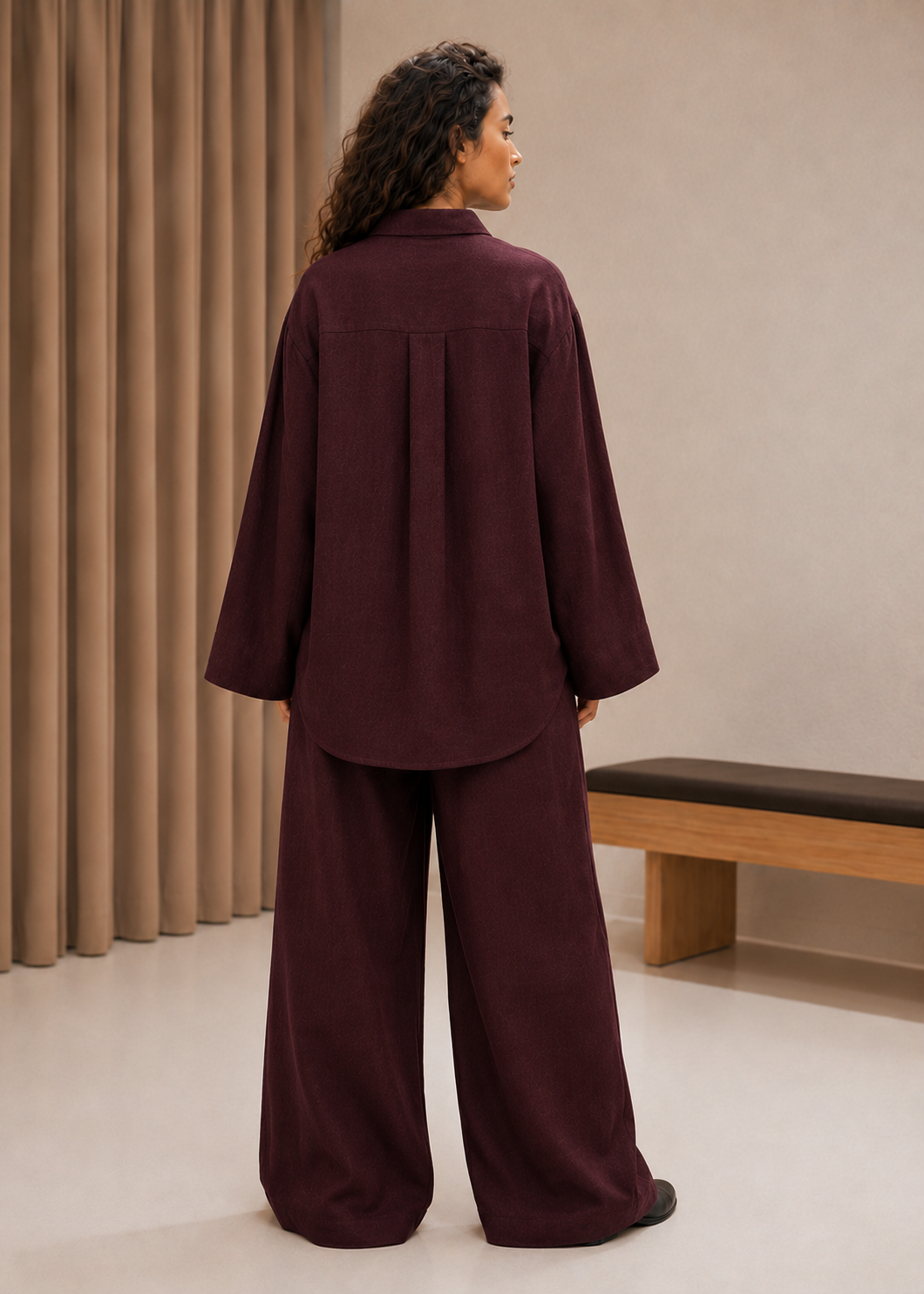 Burgundy Linen-Blend Co-ord Set