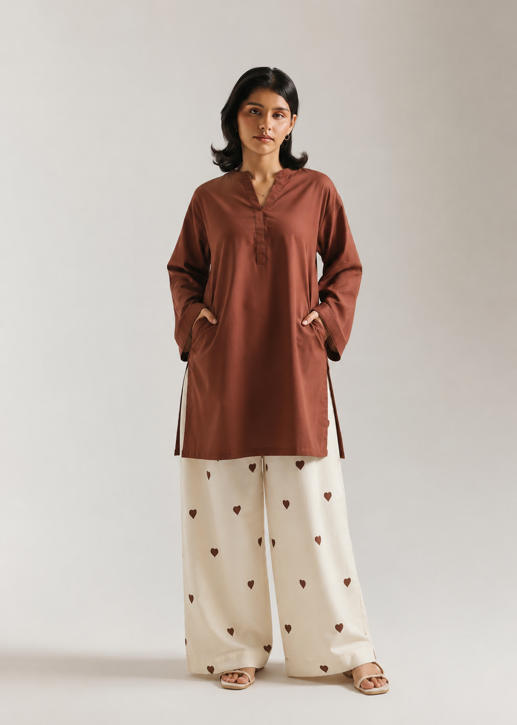 Mocha Heart Pure Cotton Farshi Coord Set
