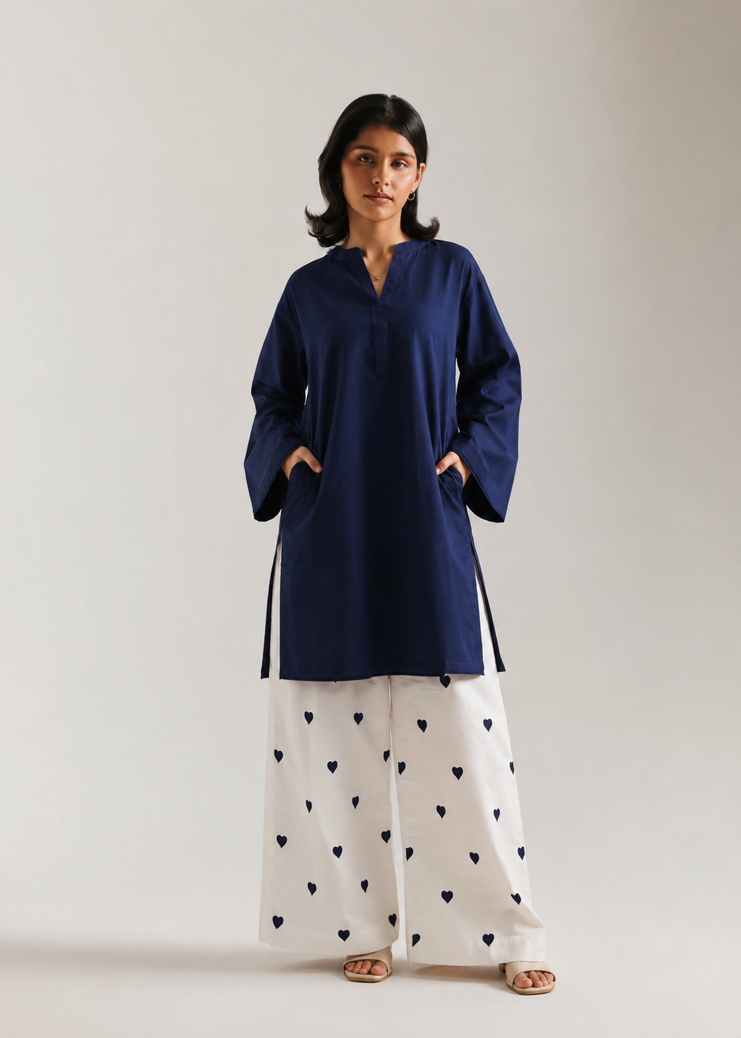 Navy Blue Heart Pure Cotton Farshi Coord Set