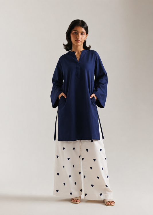 Navy Blue Heart Pure Cotton Farshi Coord Set