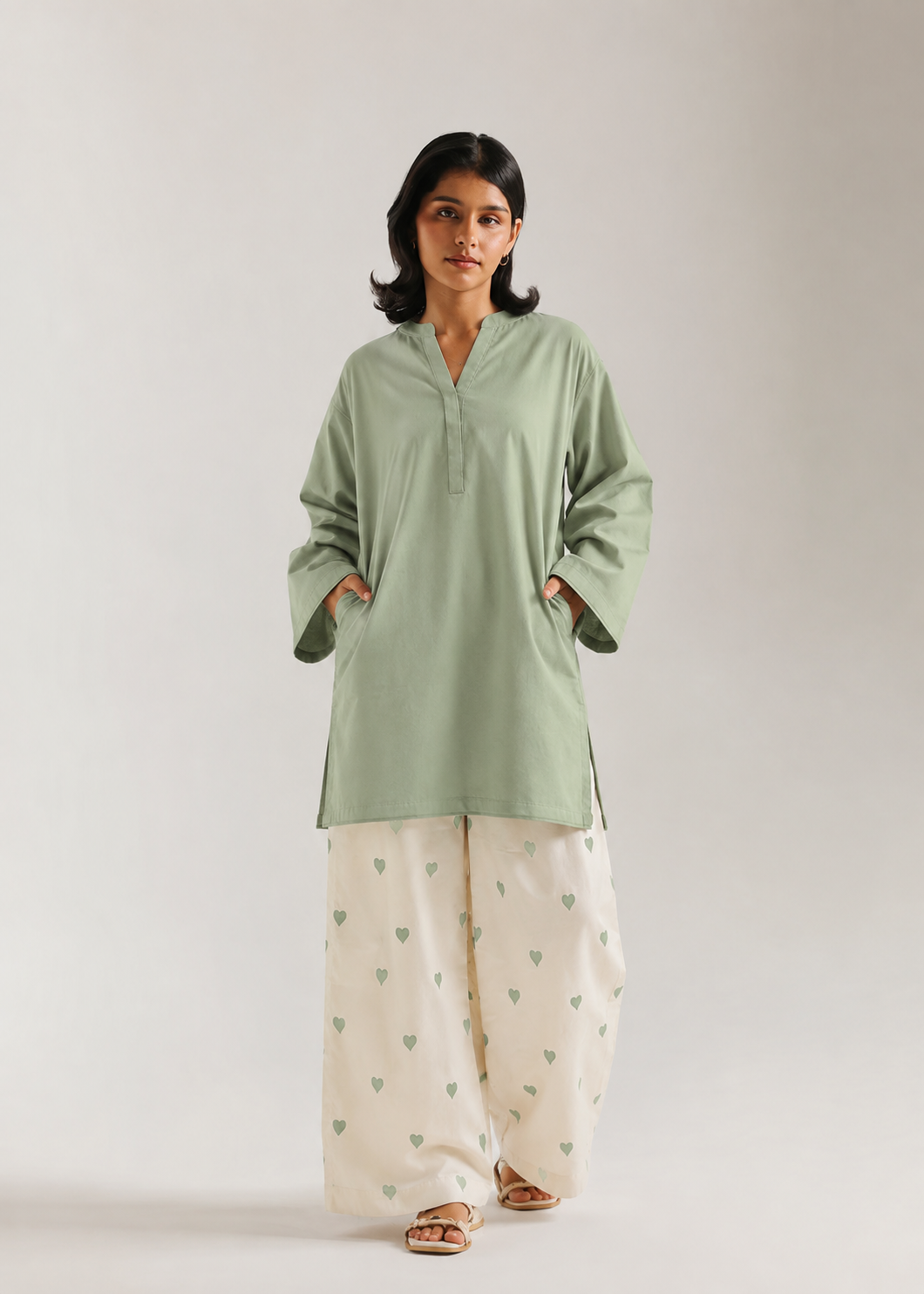 Pista Green Heart Pure Cotton Farshi Coord Set