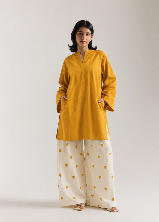 Mustard Yellow  Heart Pure Cotton Farshi Coord Set