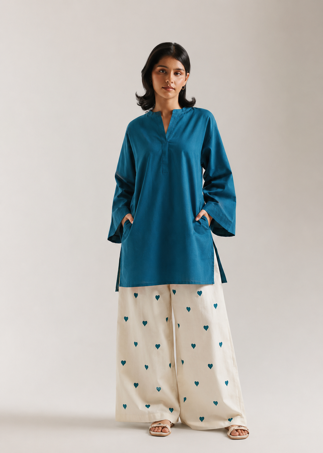 Teal Blue Heart Pure Cotton Farshi Coord Set