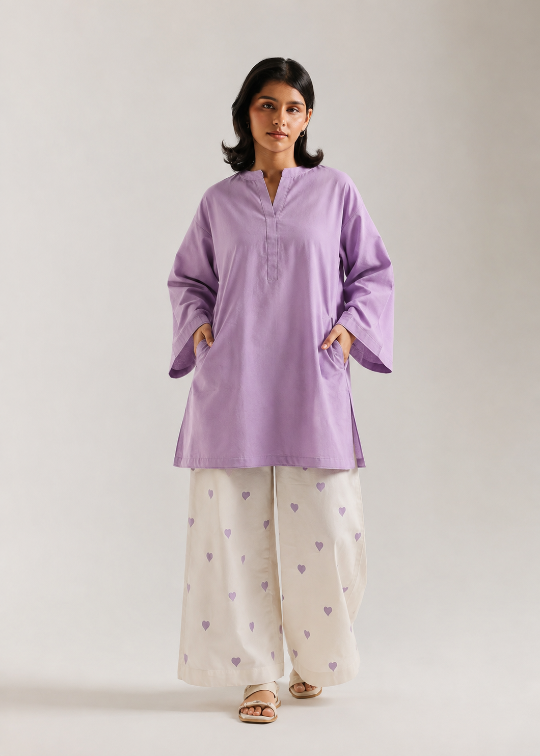Lilac Purple Heart Pure Cotton Farshi Coord Set
