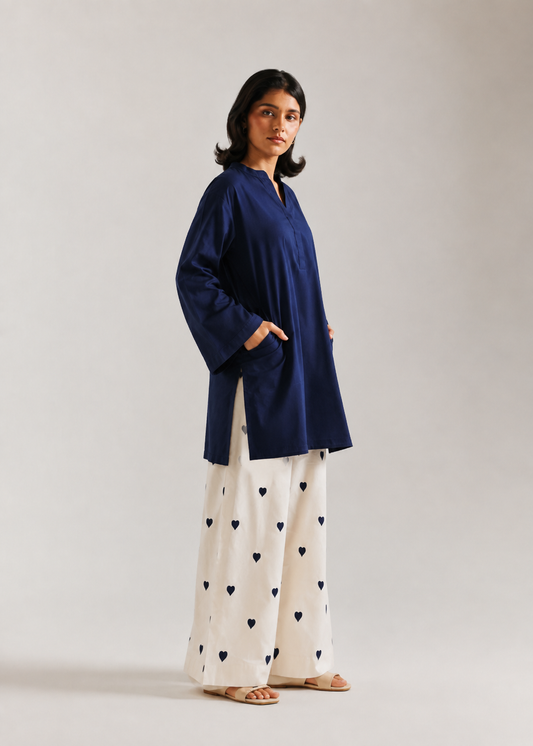 Navy Blue Heart Pure Cotton Farshi Coord Set