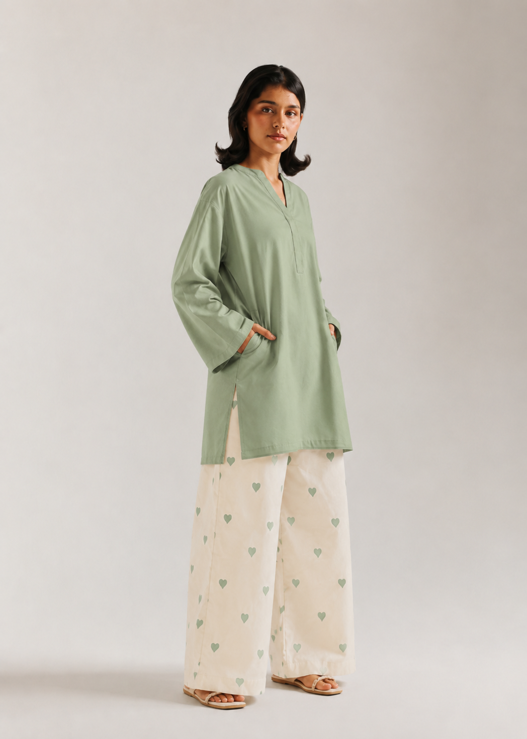 Pista Green Heart Pure Cotton Farshi Coord Set