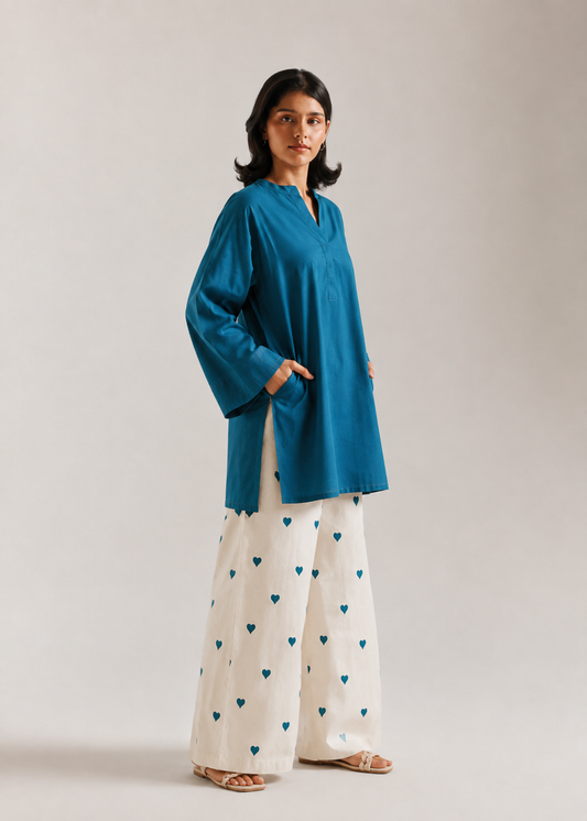 Teal Blue Heart Pure Cotton Farshi Coord Set