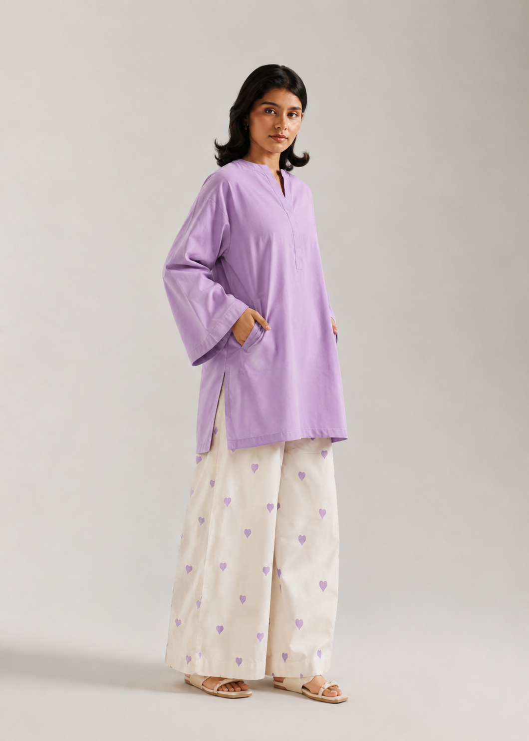 Lilac Purple Heart Pure Cotton Farshi Coord Set