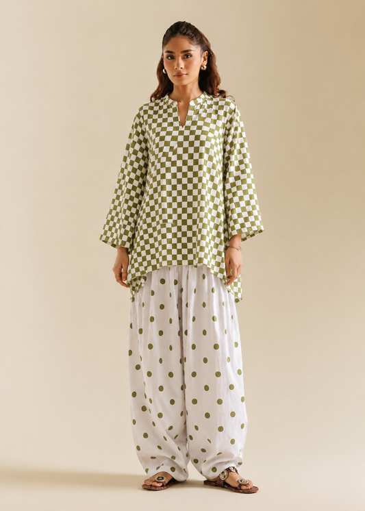 Green Polka Checks Pure Cotton Farshi Coord Set