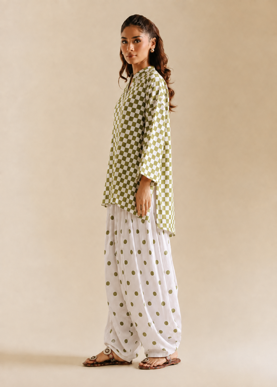 Green Polka Checks Pure Cotton Farshi Coord Set