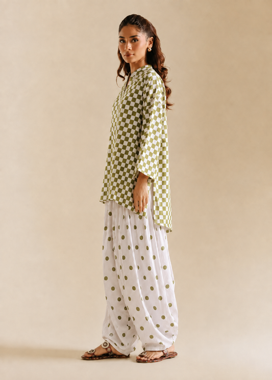 Green Polka Checks Pure Cotton Farshi Coord Set