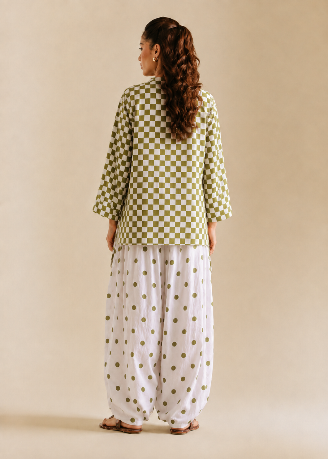 Green Polka Checks Pure Cotton Farshi Coord Set