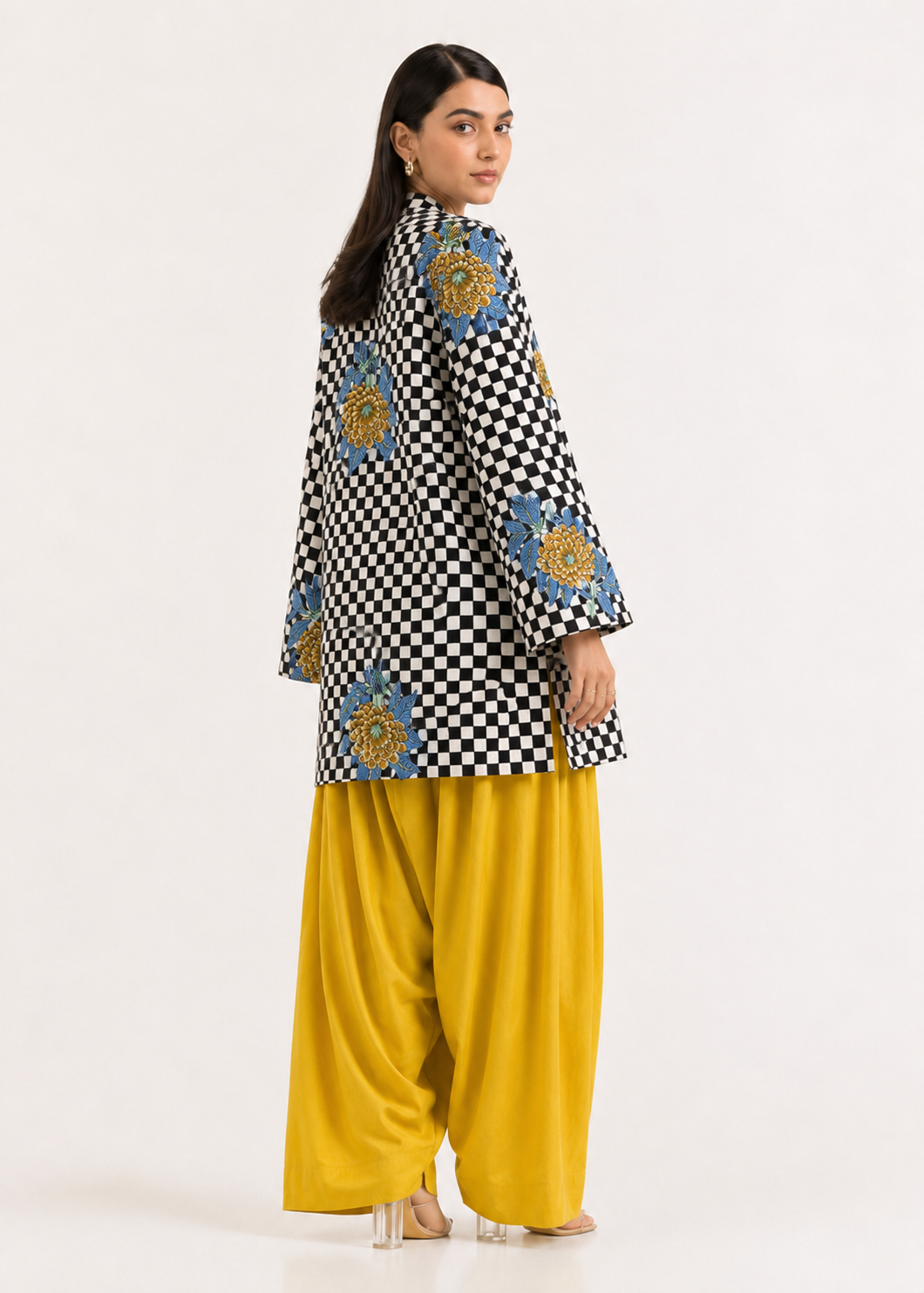 Floral Gingham Charcoal Black Pure Cotton Farshi Salwar Co-Ord Set