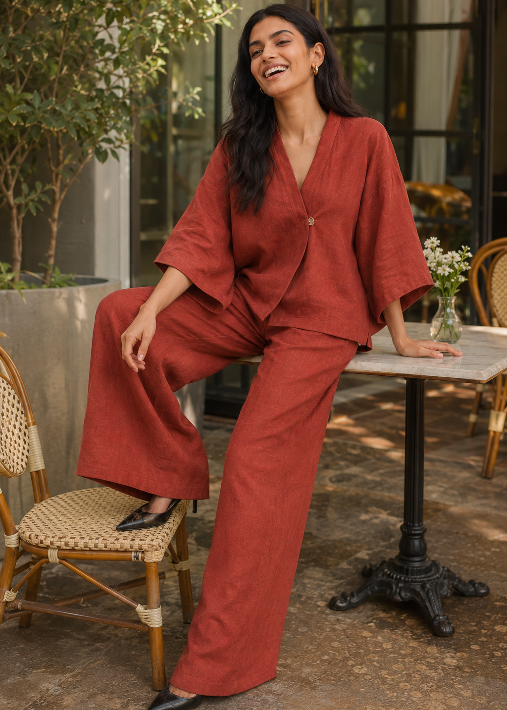 Rust Terracotta Linen Angrakha Co-ord Set