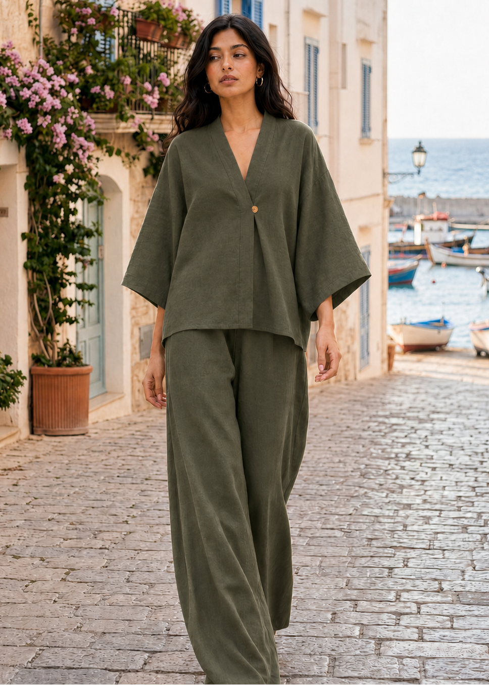 Olive Green Linen Angrakha Co-ord Set