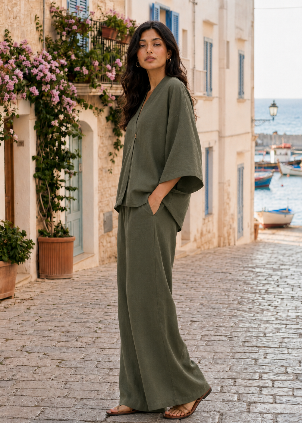 Olive Green Linen Angrakha Co-ord Set