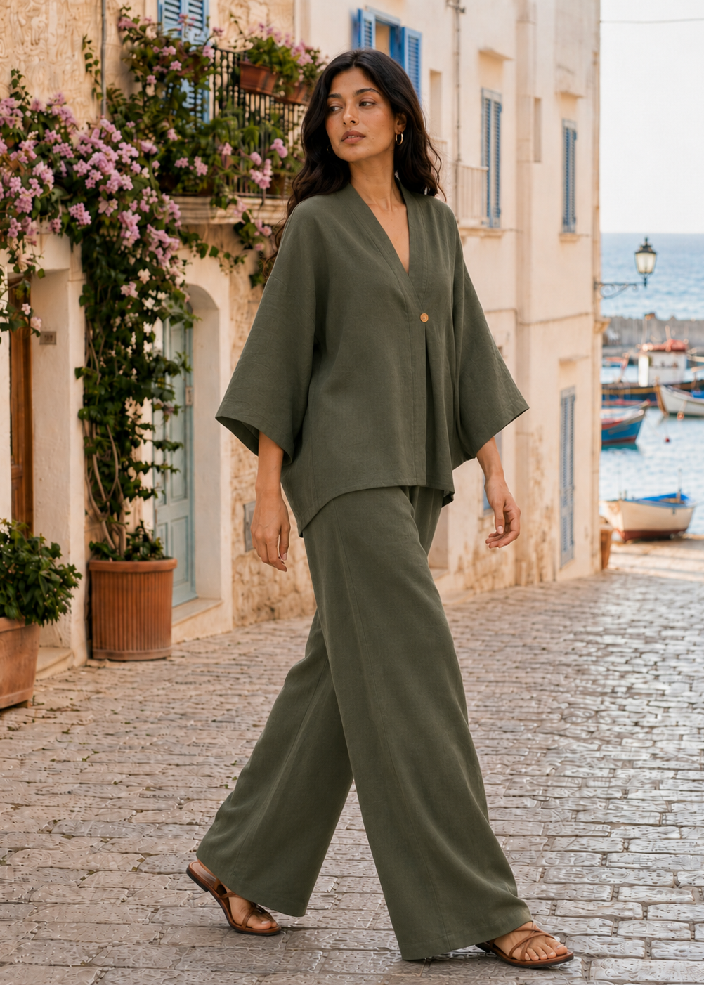 Olive Green Linen Angrakha Co-ord Set