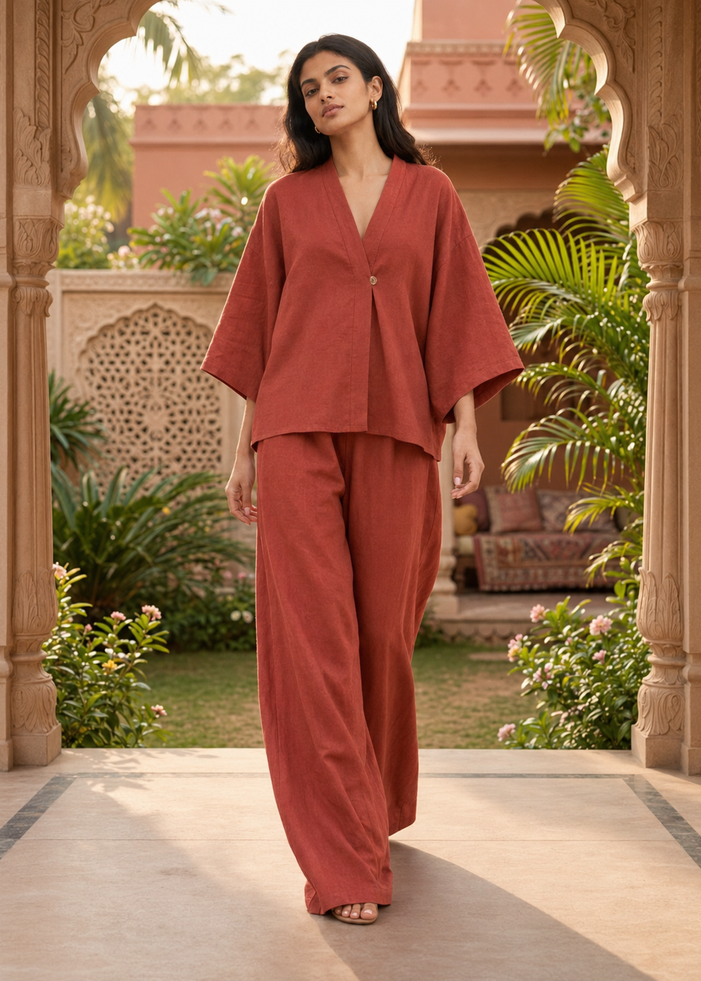 Rust Terracotta Linen Angrakha Co-ord Set