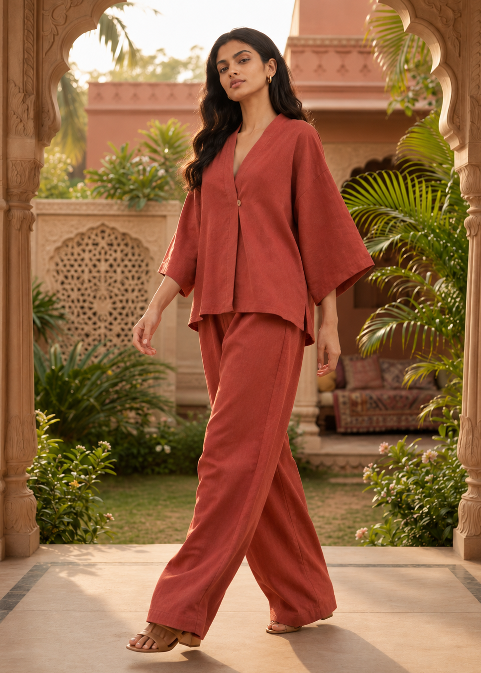 Rust Terracotta Linen Angrakha Co-ord Set