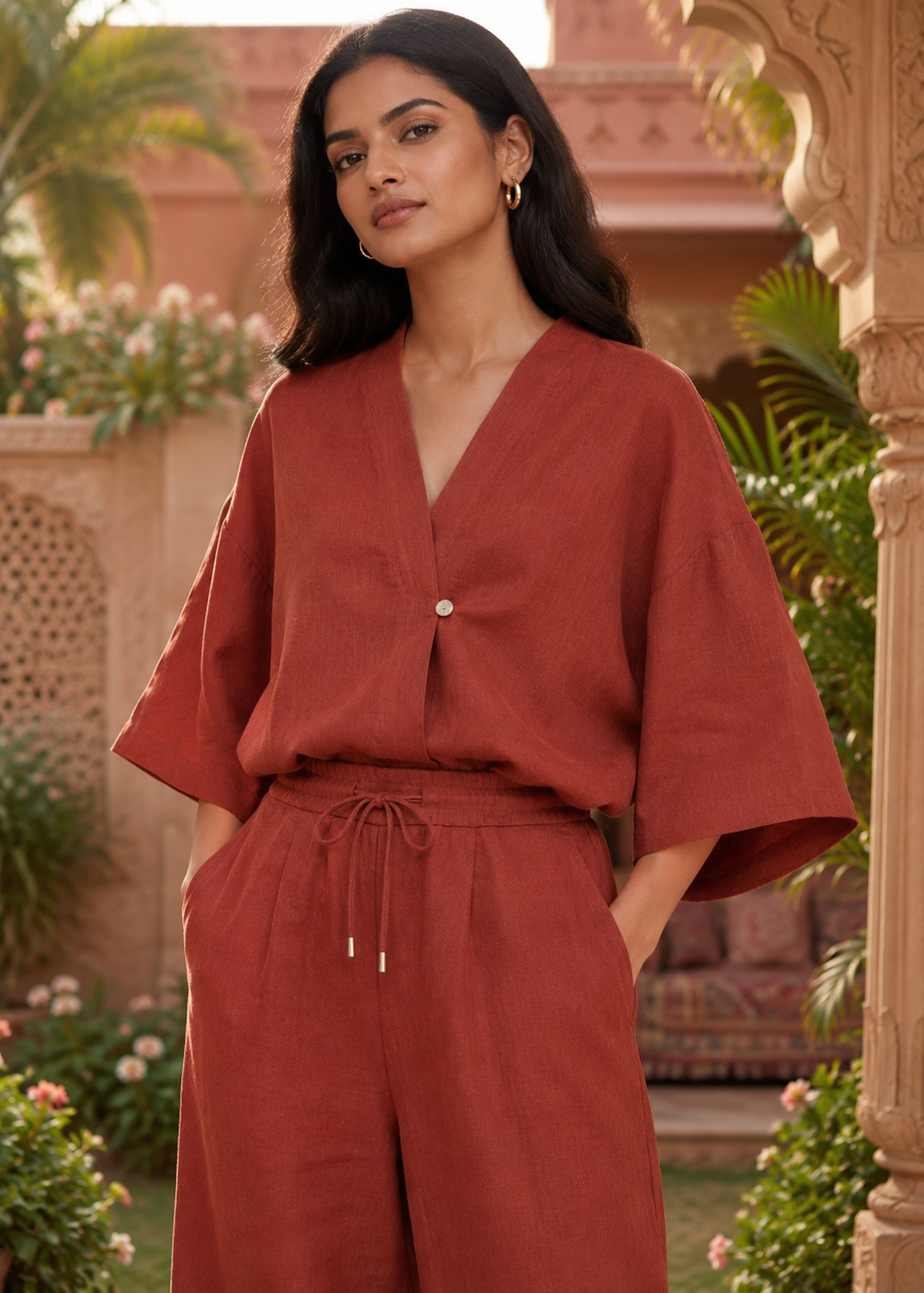 Rust Terracotta Linen Angrakha Co-ord Set