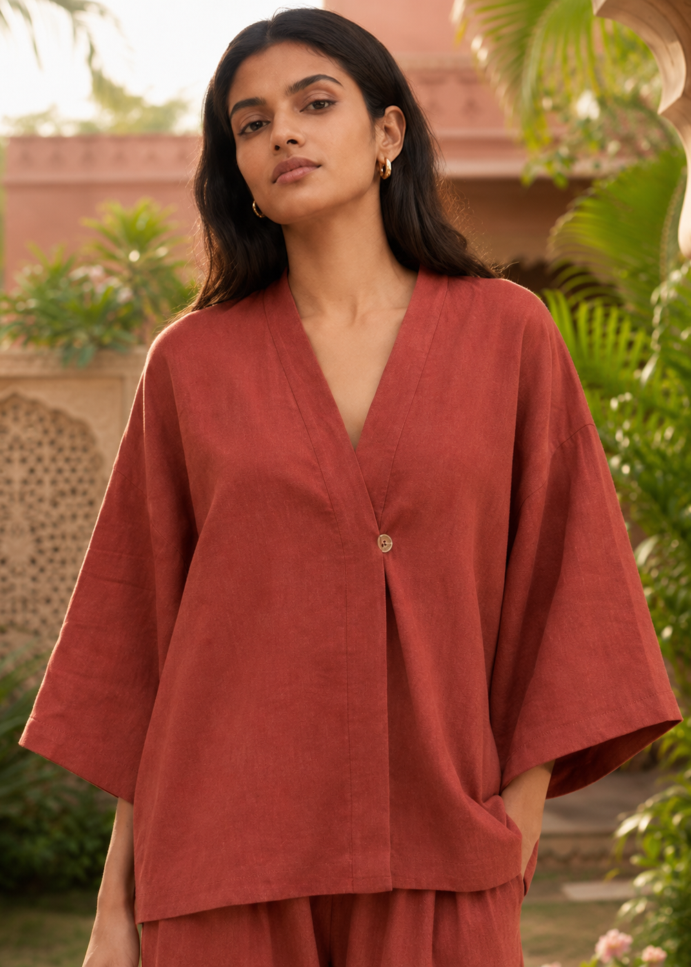 Rust Terracotta Linen Angrakha Co-ord Set
